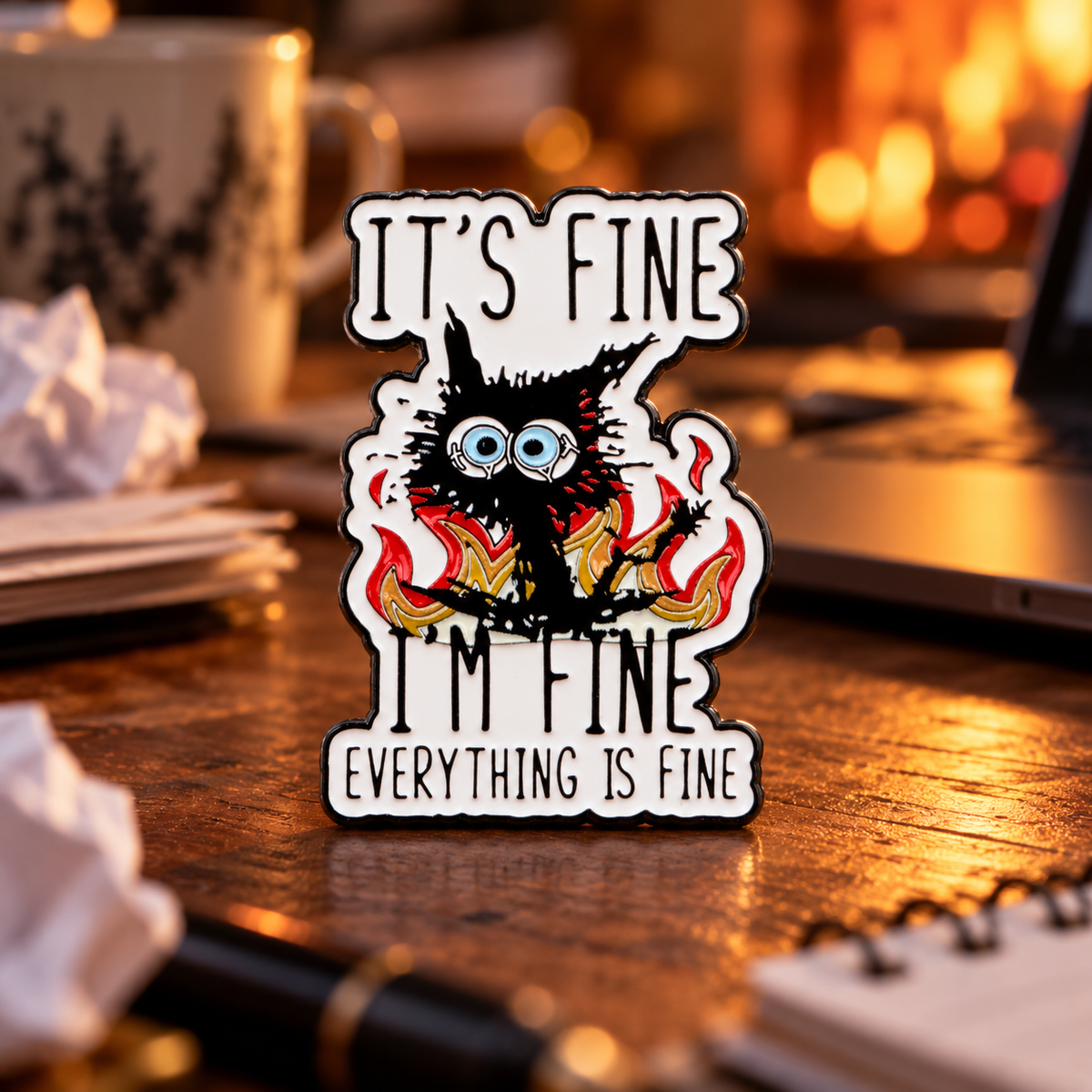 It's Fine I'm Fine Everything Is Fine cat enamel pin in a cozy office