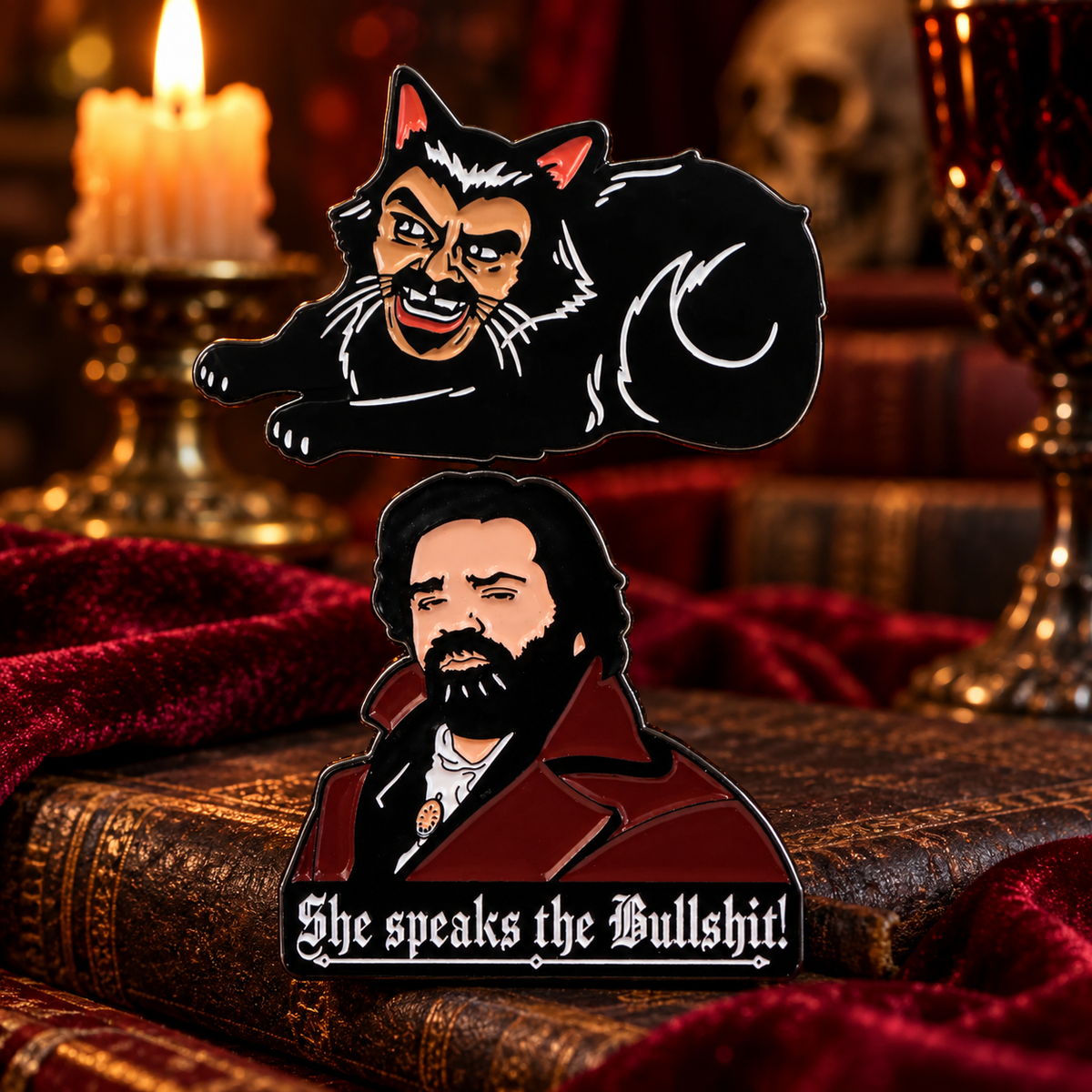 What We Do in the Shadows Laszlo enamel pins in a vampire study