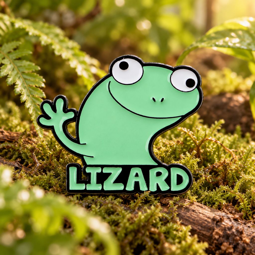 Lizard enamel pin in a lush terrarium setting