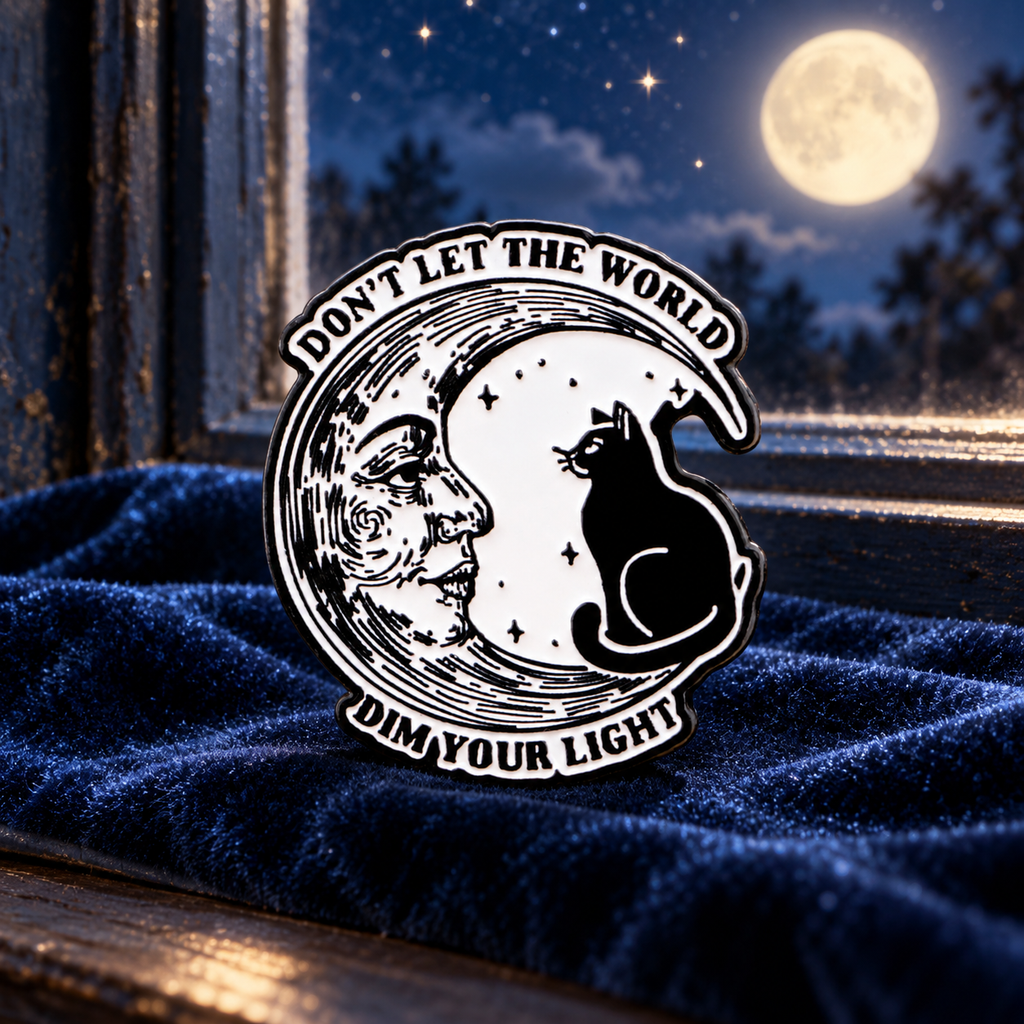Don't Let The World Dim Your Light enamel pin in a moonlit setting