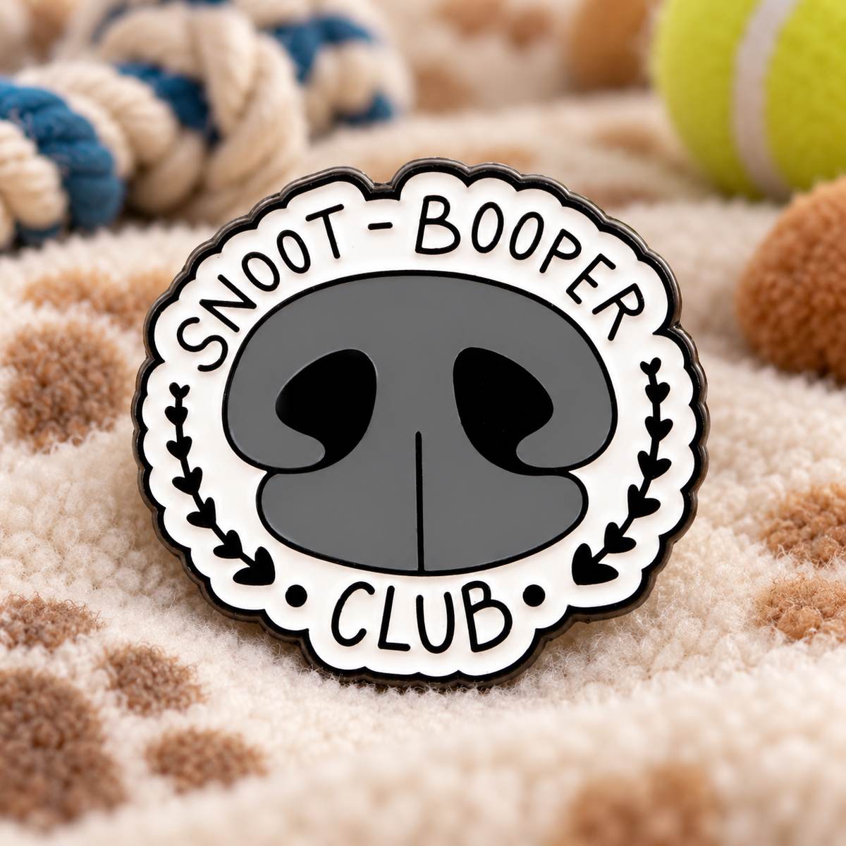 Snoot Booper Club enamel pin in a cozy pet setting