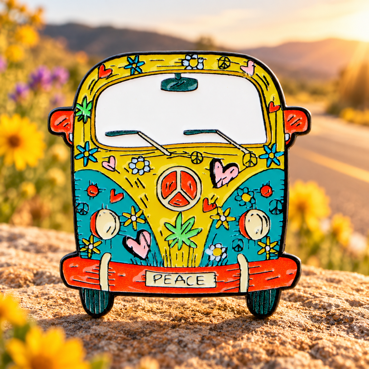 Peace Magic School Bus enamel pin on a sunny road trip