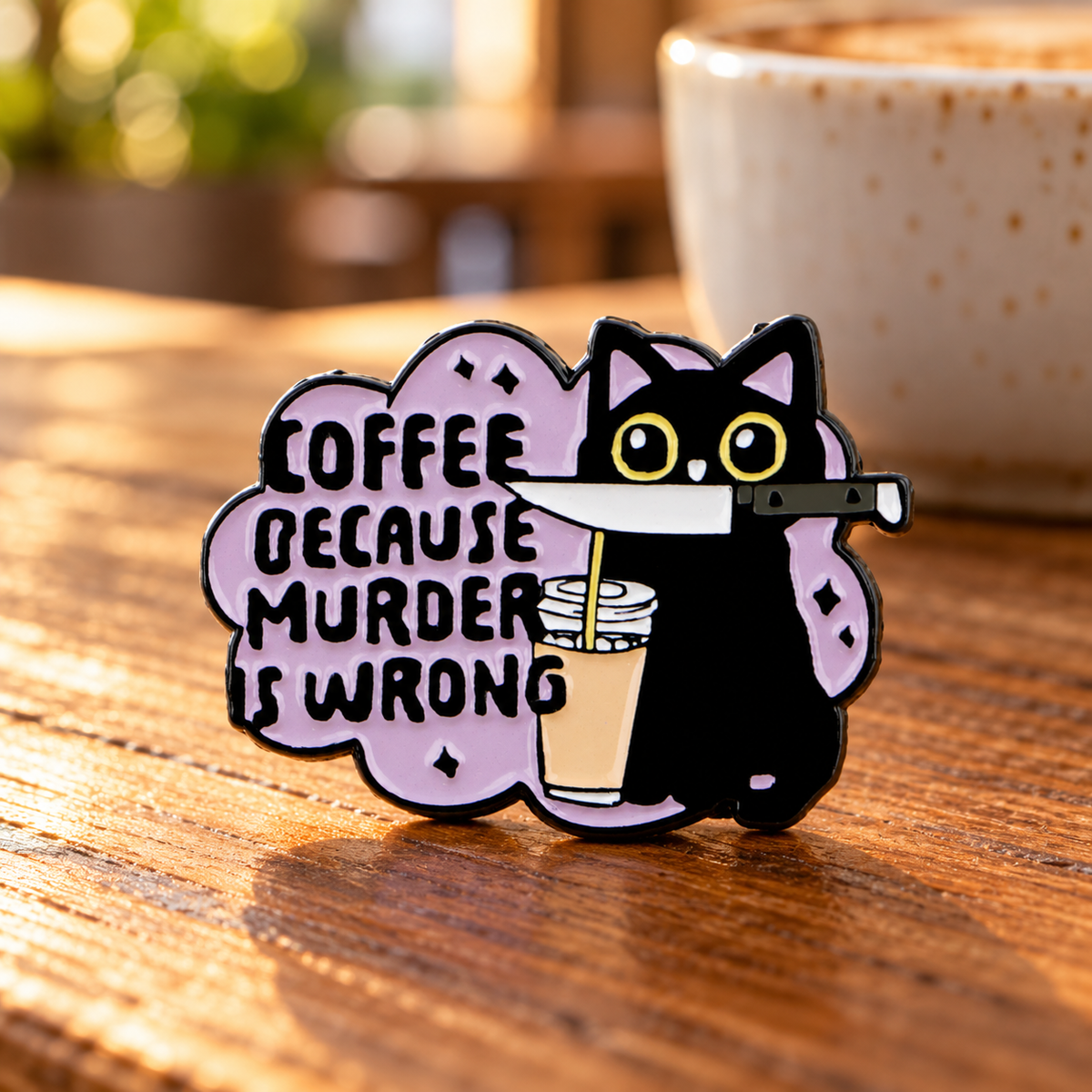 Coffee Because Murder Is Wrong enamel pin in a coffee shop