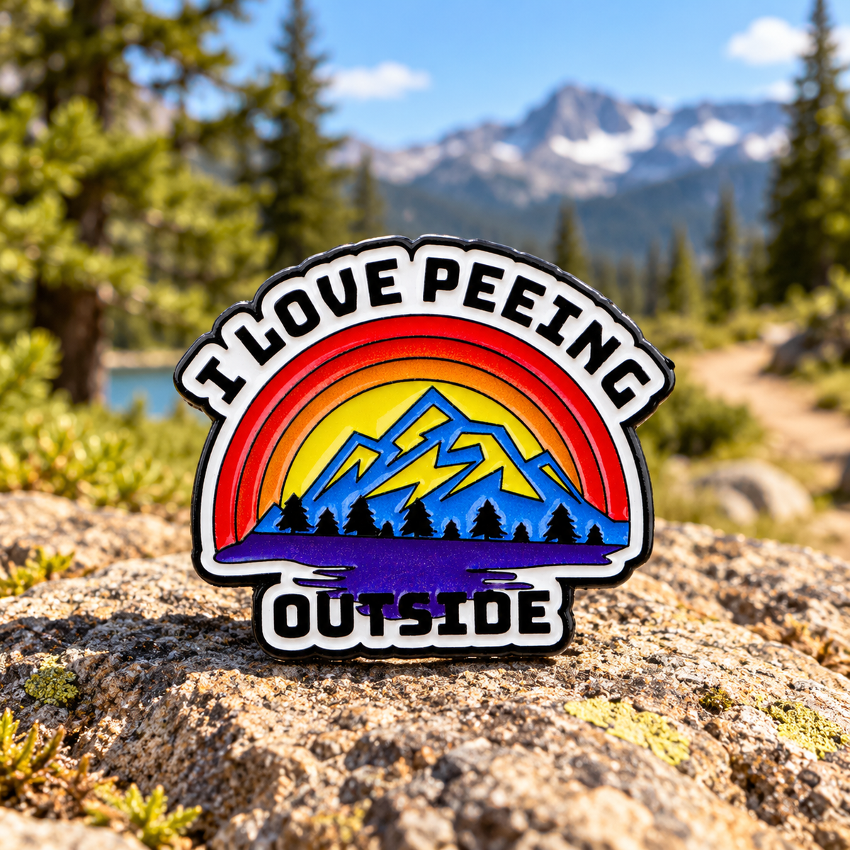 I Love Peeing Outside enamel pin at a mountain campsite