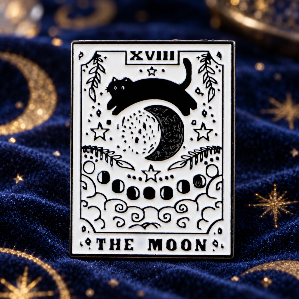 Black Cat The Moon Tarot enamel pin on blue velvet