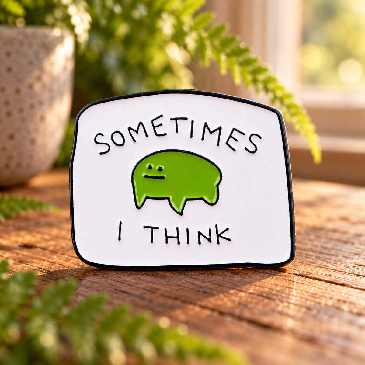 Sometimes I Think frog enamel pin in a fern-filled setting