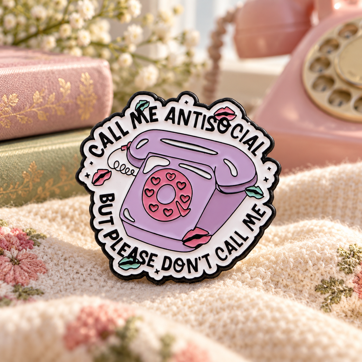 Call Me Antisocial enamel pin in a cozy telephone setting