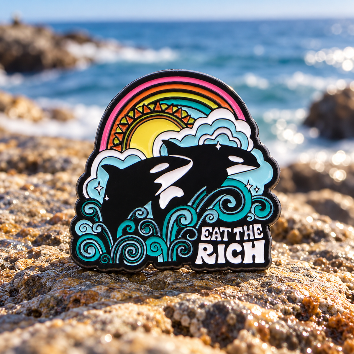 Eat the Rich Orcas enamel pin by the ocean