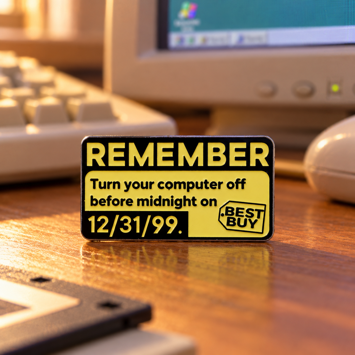 Remember turn your computer off enamel pin in a nostalgic computer setting