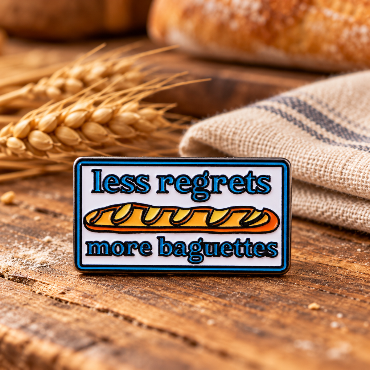 Less Regrets More Baguettes Pin displayed in a styled lifestyle setting