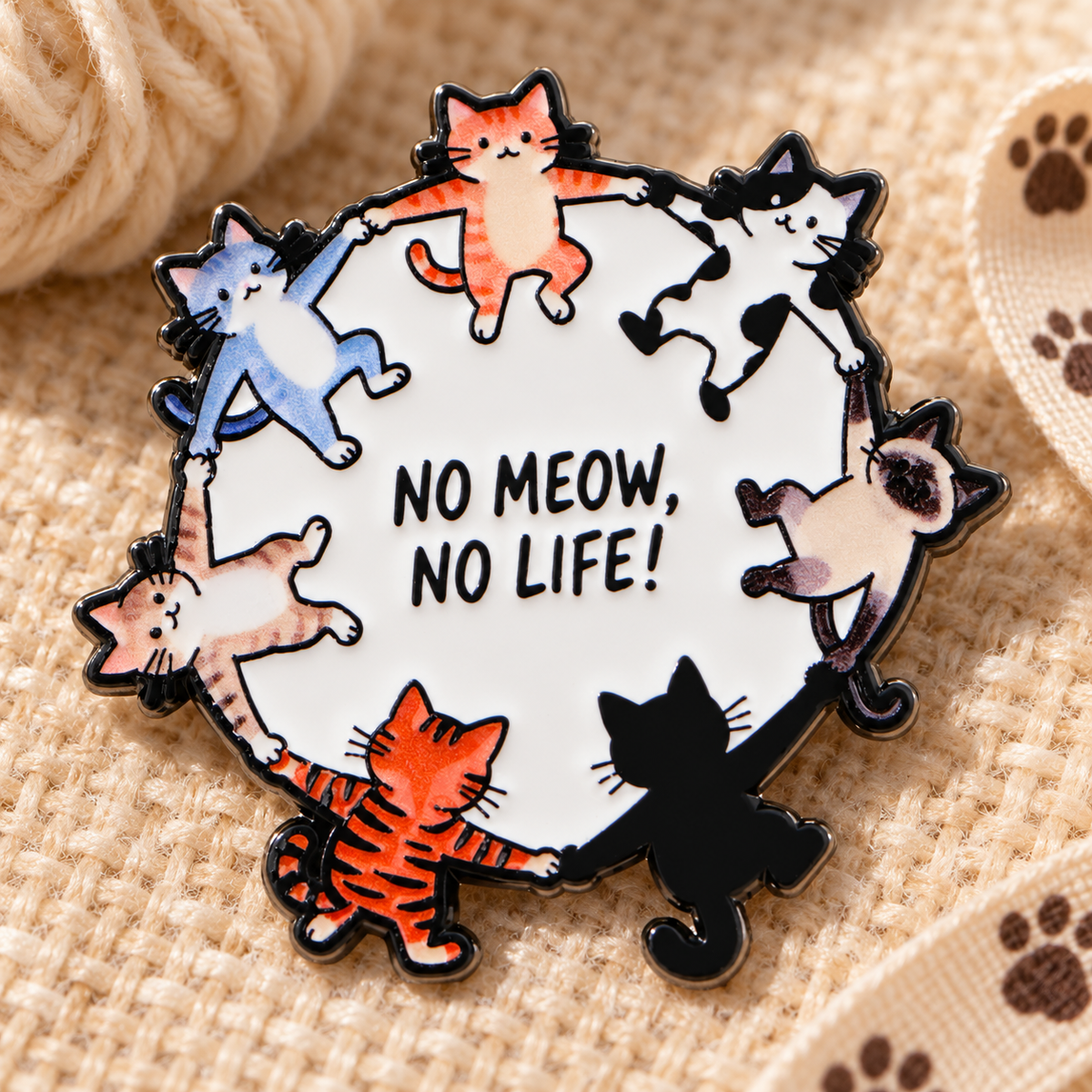 No Meow No Life Cat Pin displayed in a styled lifestyle setting