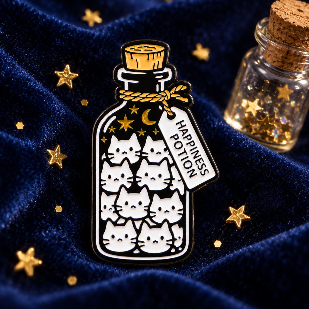 Happiness Potion Cat Pin displayed in a styled lifestyle setting