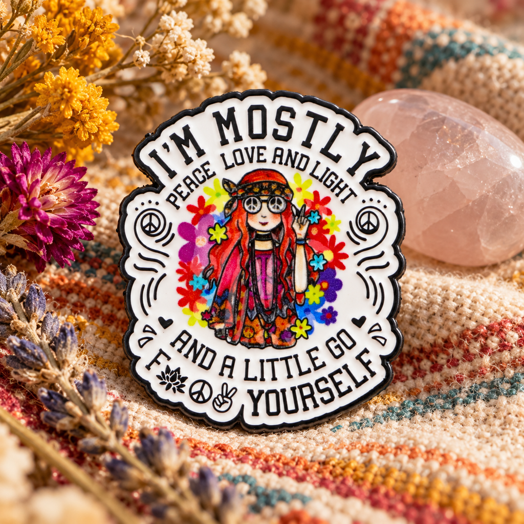 Mostly Peace Love And Light Pin displayed in a styled lifestyle setting