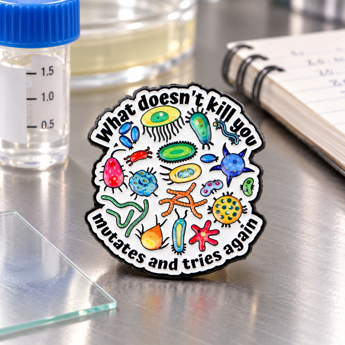 What Doesn't Kill You Mutates and Tries Again Bacterial Pin displayed in a styled lifestyle setting