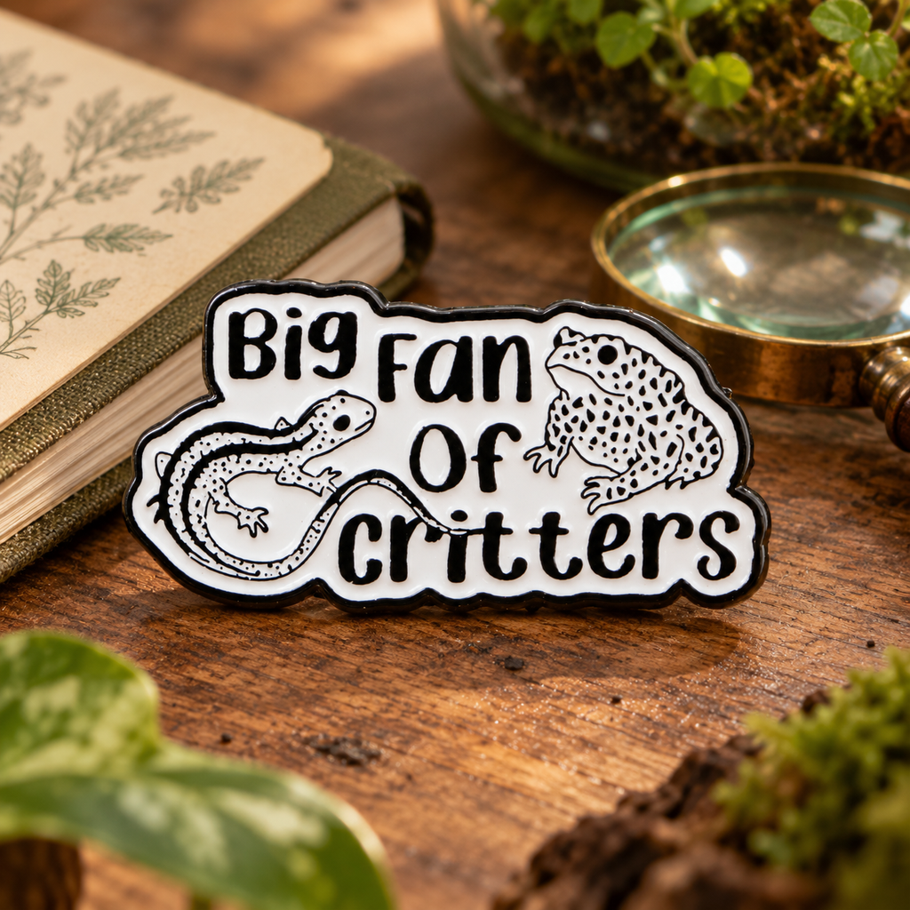 Big Fan of Critters Pin displayed in a styled lifestyle setting