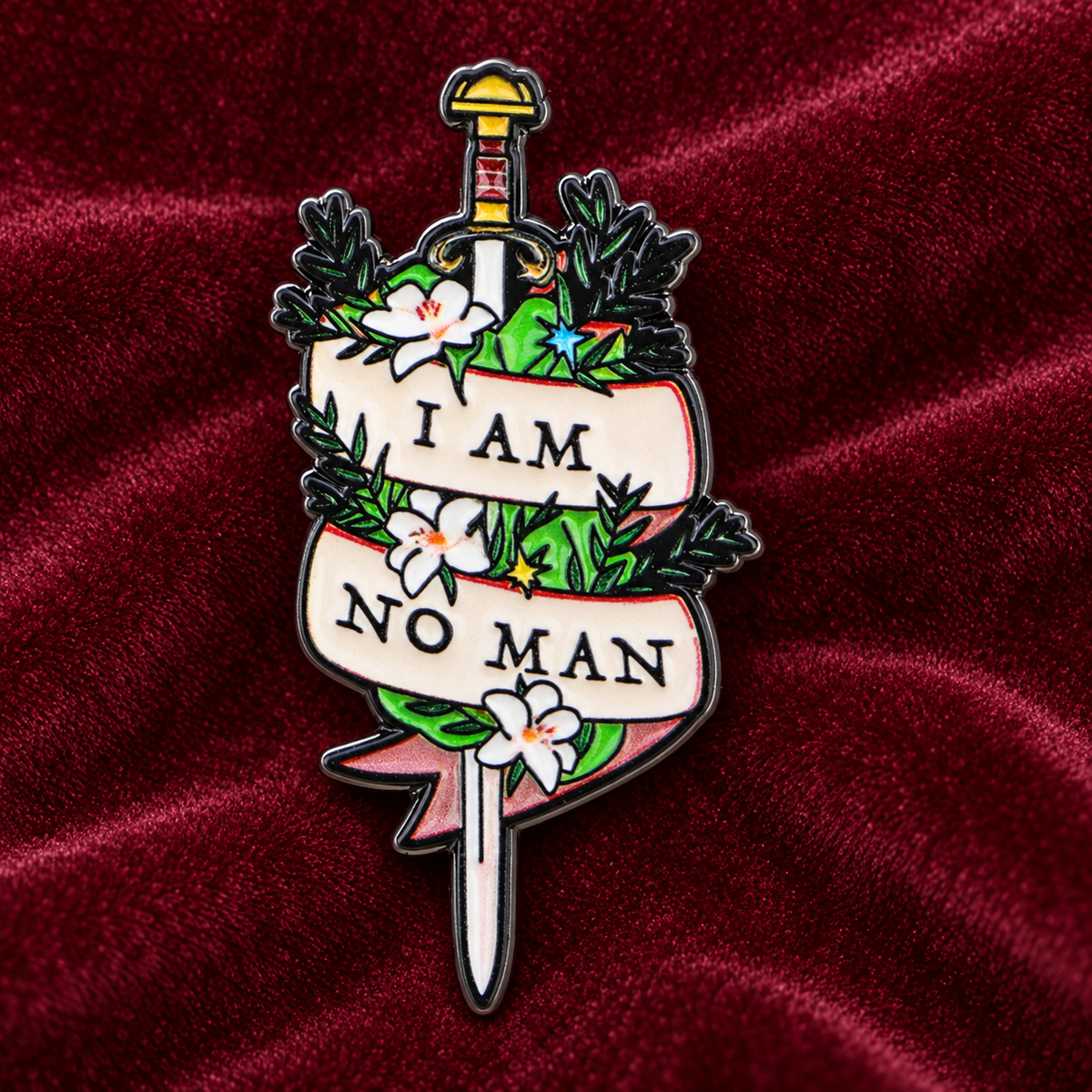 I Am No Man sword enamel pin lifestyle photo