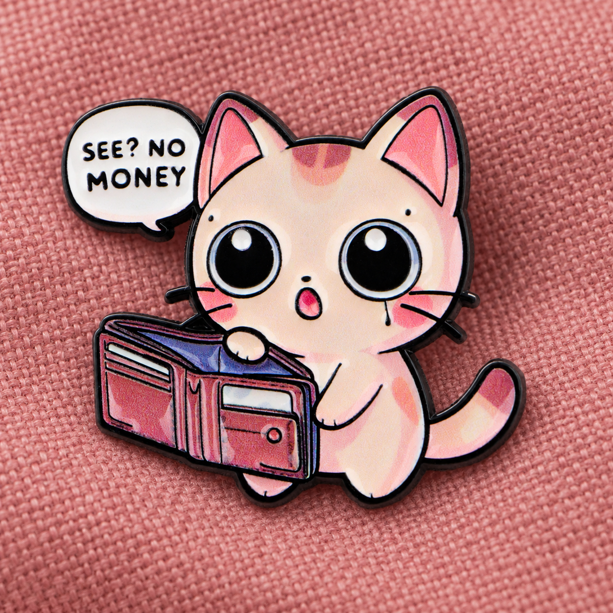 See No Money cat enamel pin lifestyle photo
