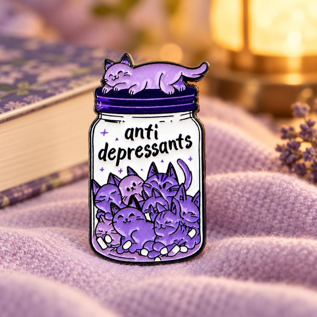 Antidepressants Cat Jar Pin in a cozy lilac reading nook
