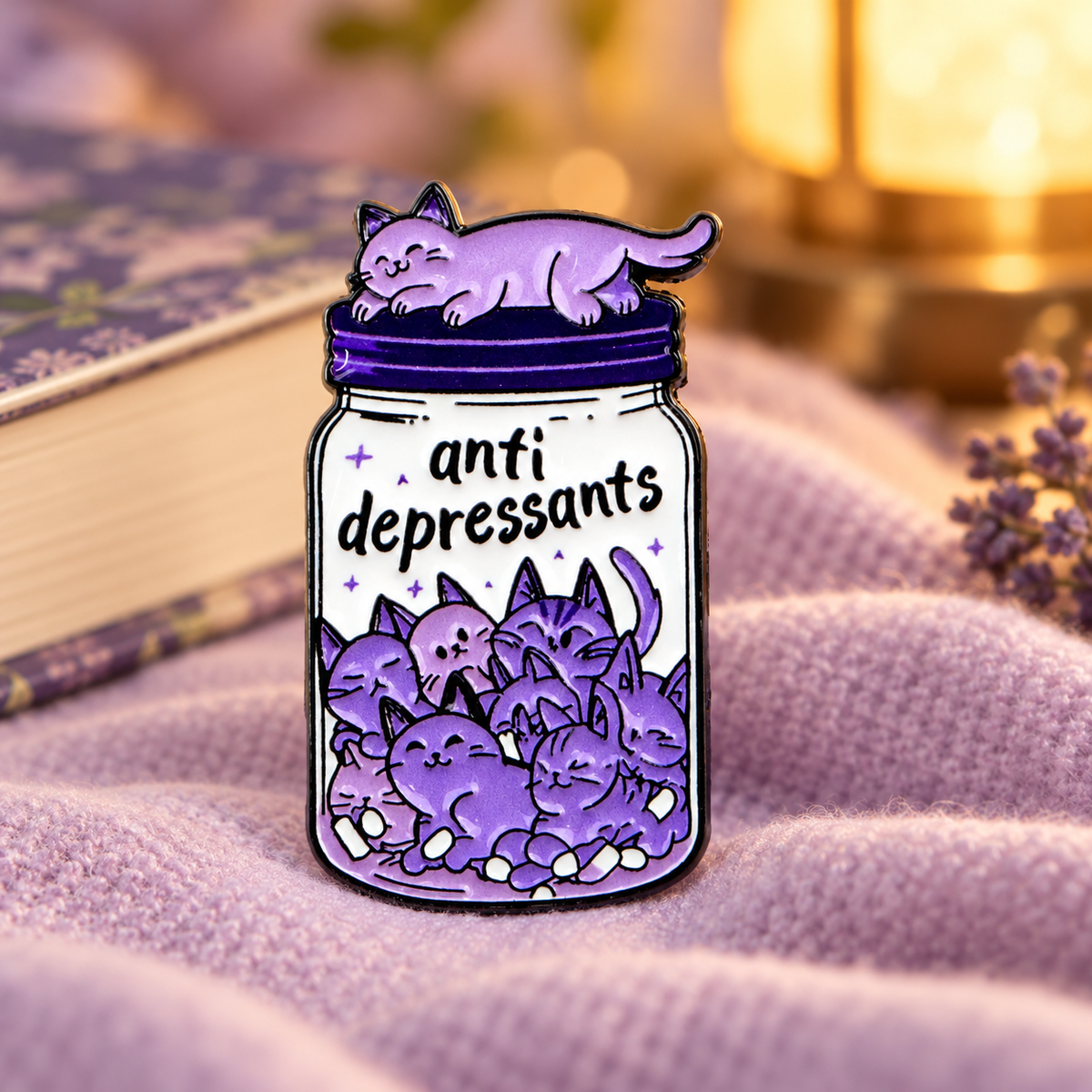 Antidepressants Cat Jar Pin in a cozy lilac reading nook
