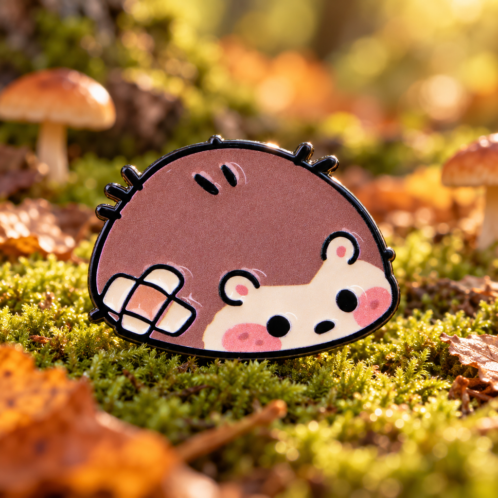 Bandaged Little Hedgehog Pin on mossy woodland floor