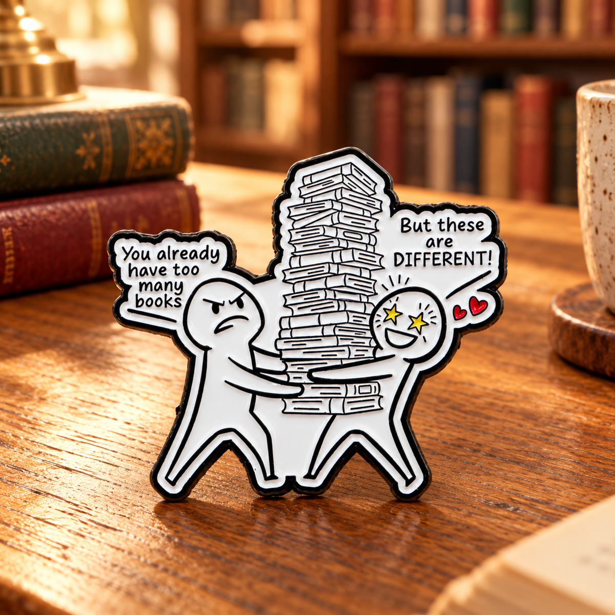 But These Books Are Different enamel pin on a warm library desk
