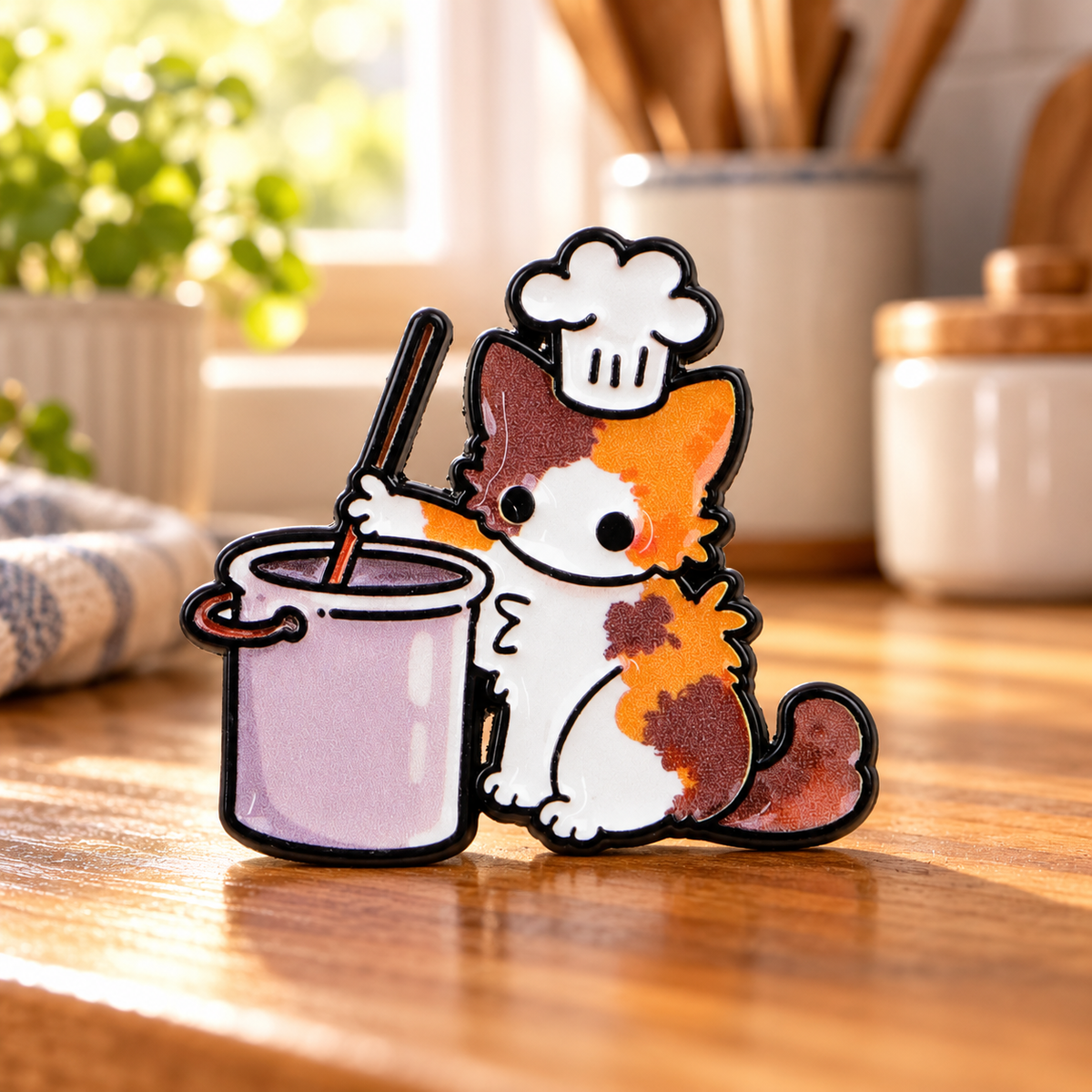 Calico cat chef enamel pin on a warmly sunlit kitchen counter