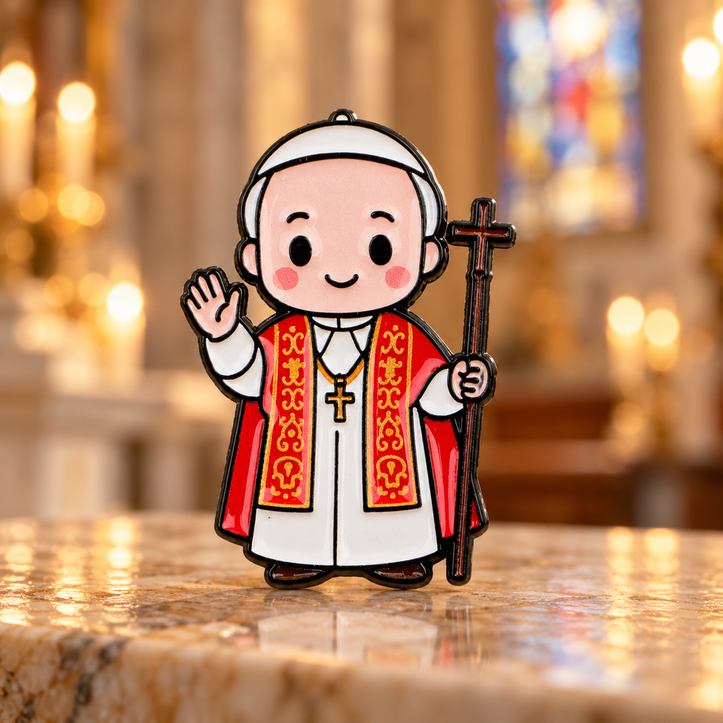 Cartoon pope with cross enamel pin against a warm chapel background