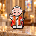 Cartoon pope with cross enamel pin against a warm chapel background