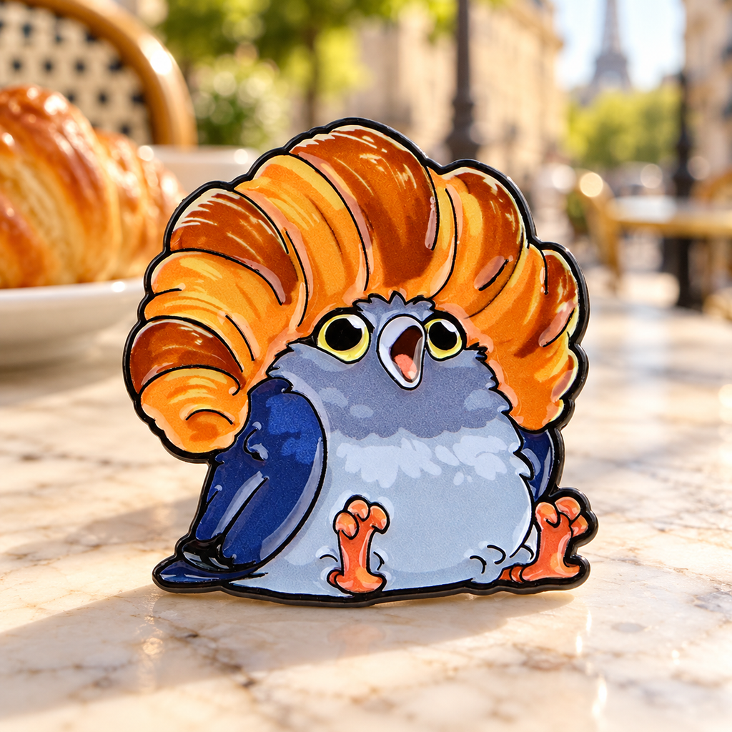 Croissant pigeon enamel pin on a Parisian cafe table