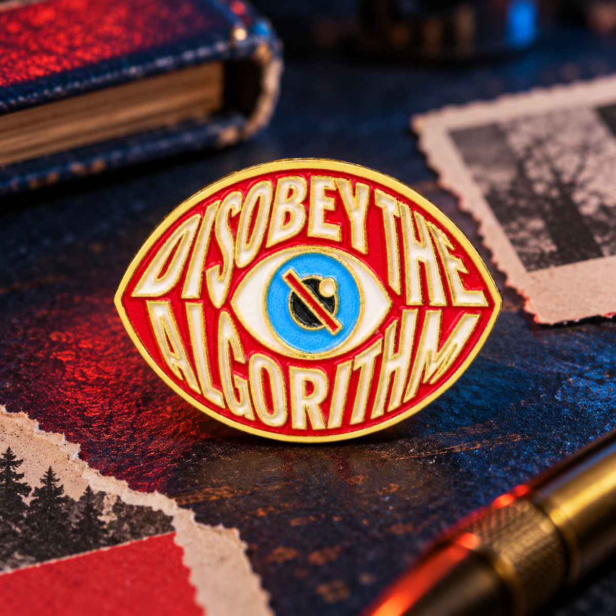 Disobey the Algorithm eye enamel pin on a moody indigo editorial desk
