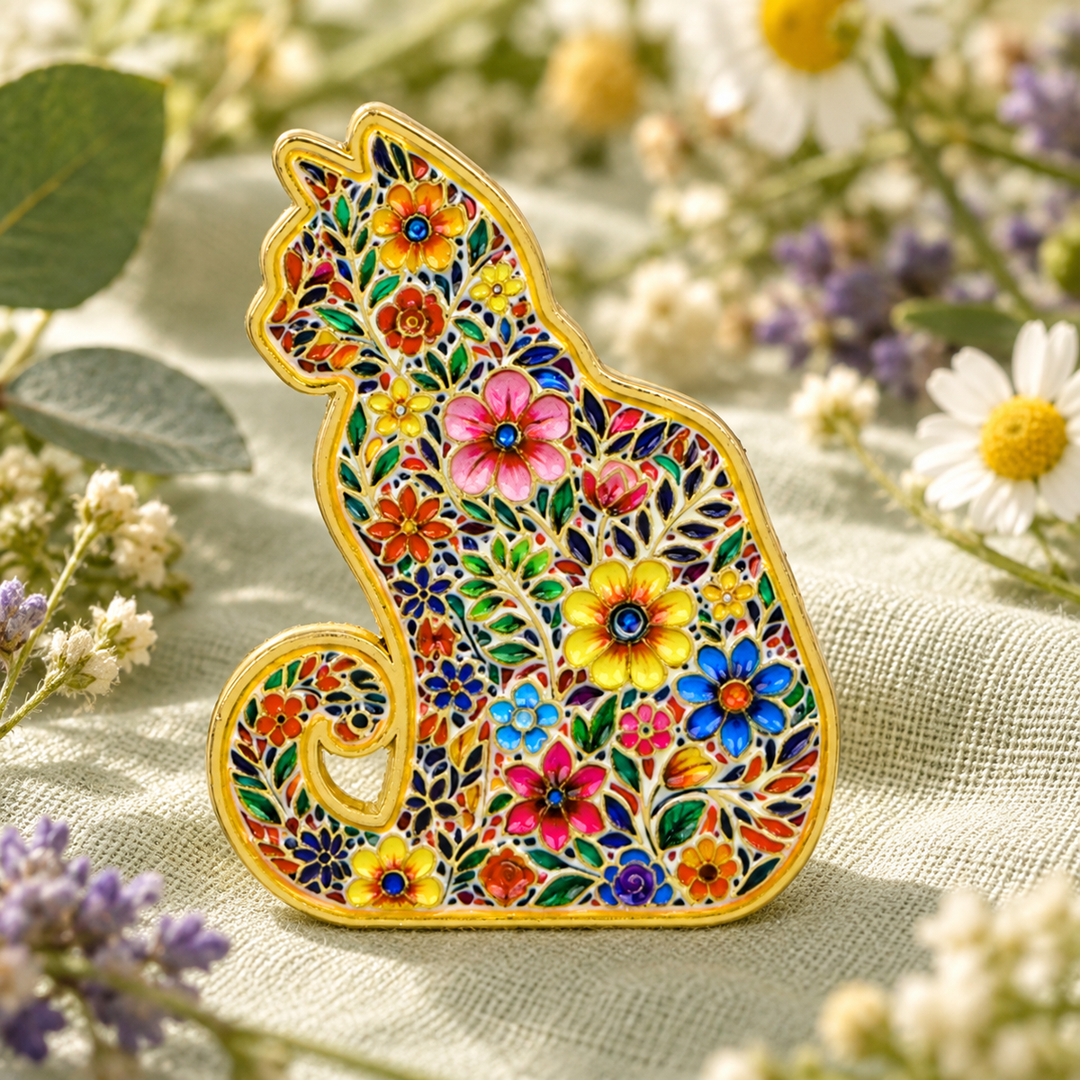 Floral Mosaic Cat Pin on sage linen amid wildflowers