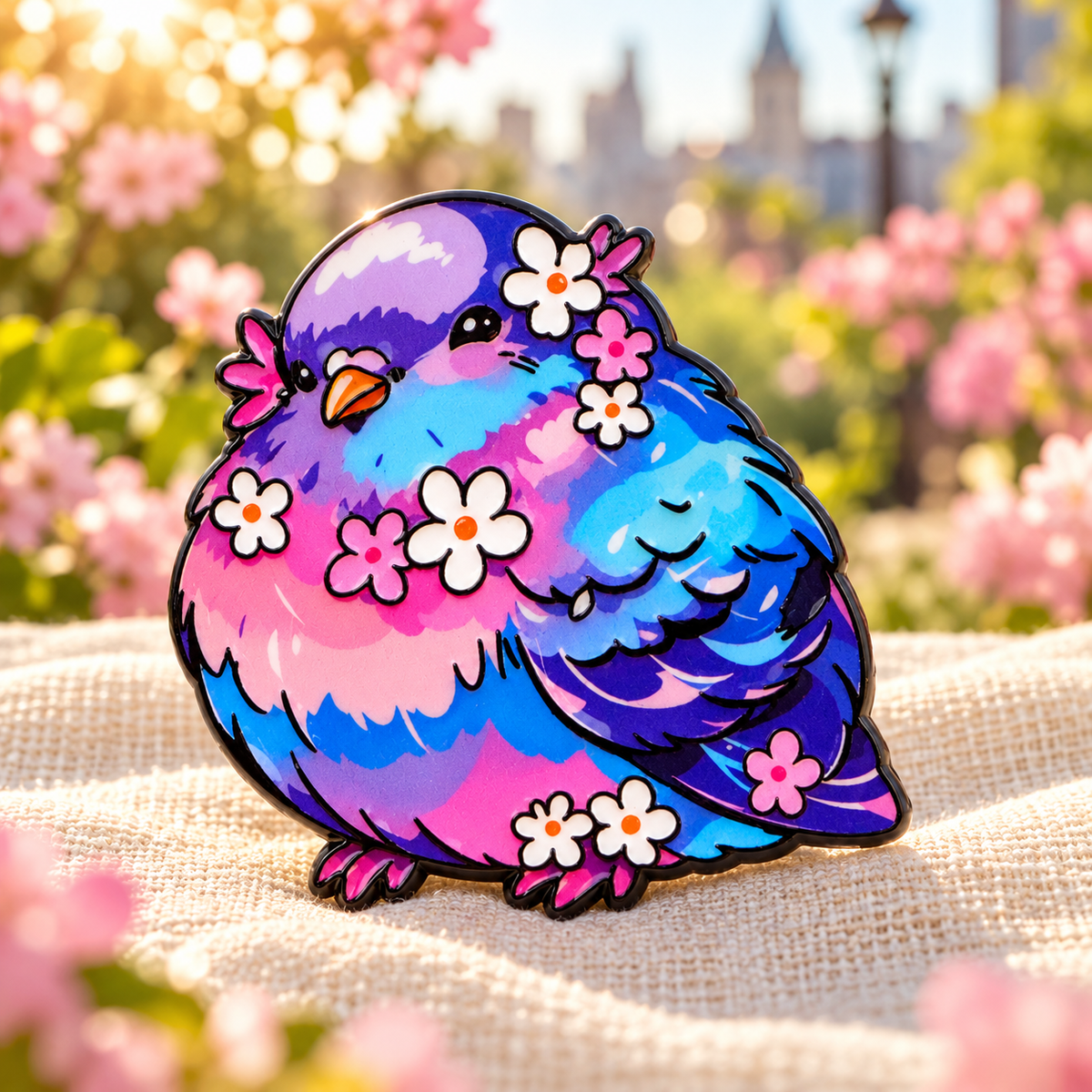 Floral rainbow pigeon enamel pin in a softly sunlit spring garden