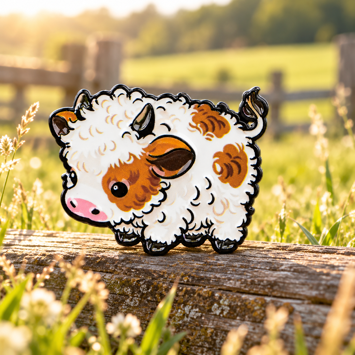 Fluffy spotted calf enamel pin in a sunlit pasture