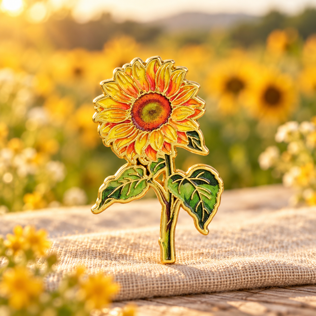 Golden sunflower enamel pin against a softly blurred sunflower field