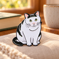 Green-eyed black and white cat enamel pin in a cozy reading nook