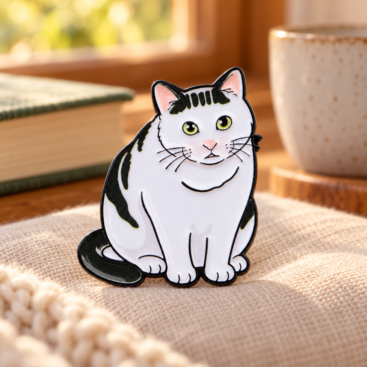 Green-eyed black and white cat enamel pin in a cozy reading nook