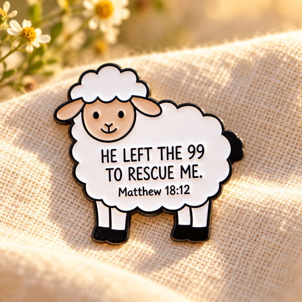 He Left the 99 sheep enamel pin on warm cream linen