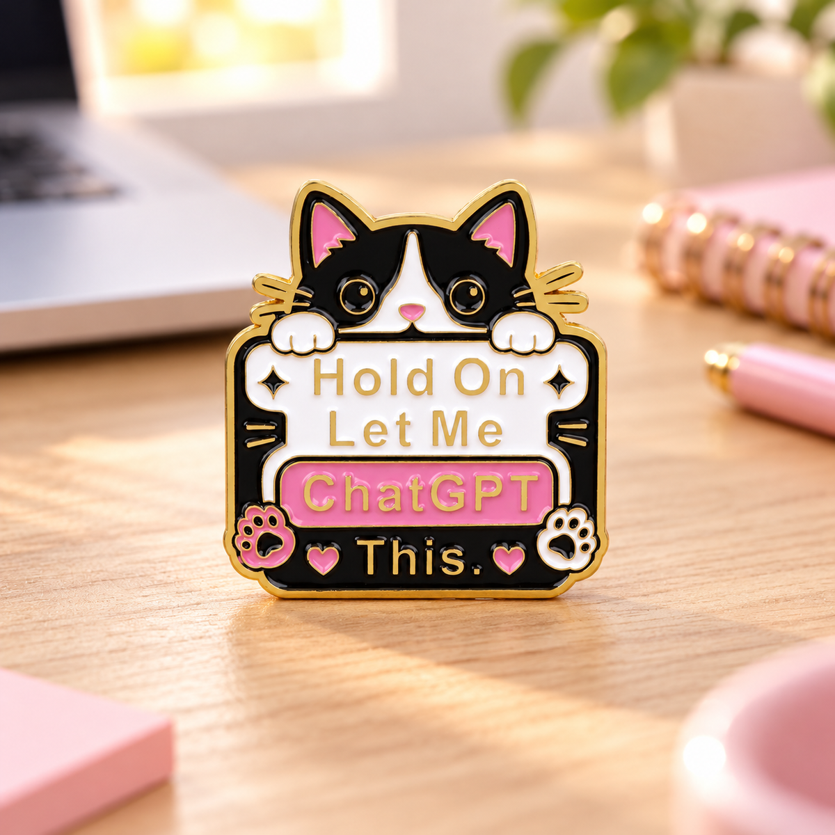 Hold On Let Me ChatGPT This Cat Pin on a warm desk