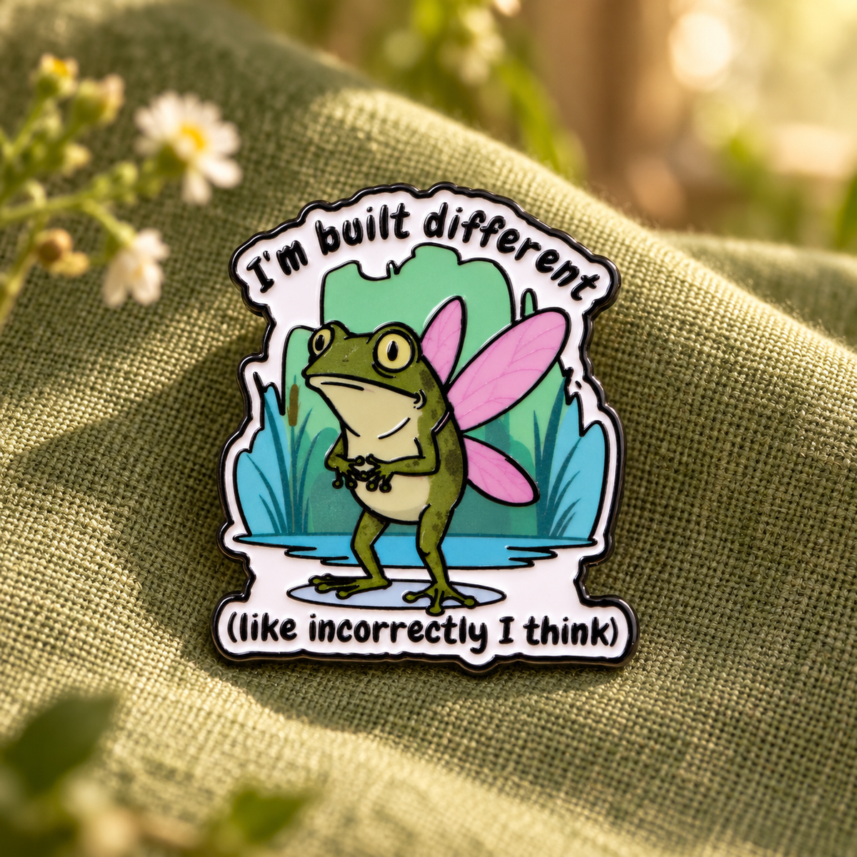I'm Built Different fairy frog enamel pin on moss-green linen