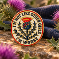 I'm Not Like Other Girls I'm Worse thistle enamel pin with Scottish botanical background