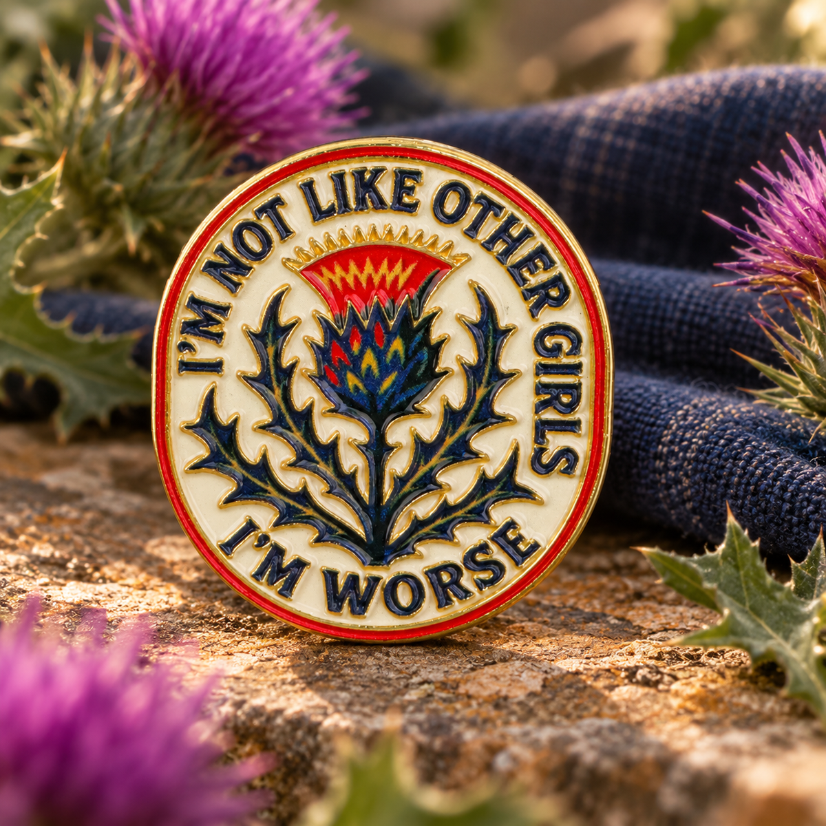 I'm Not Like Other Girls I'm Worse thistle enamel pin with Scottish botanical background