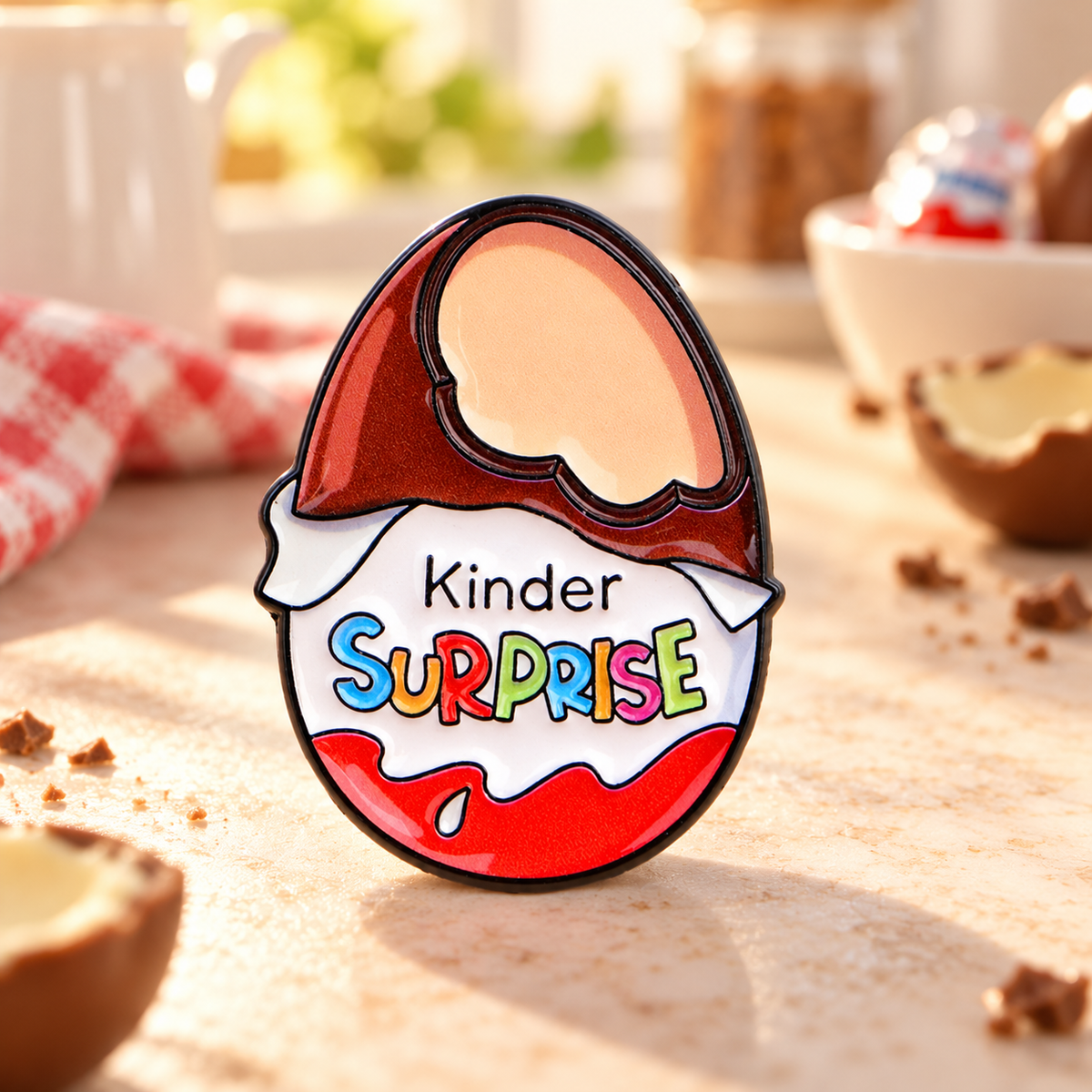 Kinder Surprise chocolate egg enamel pin on a warm kitchen countertop