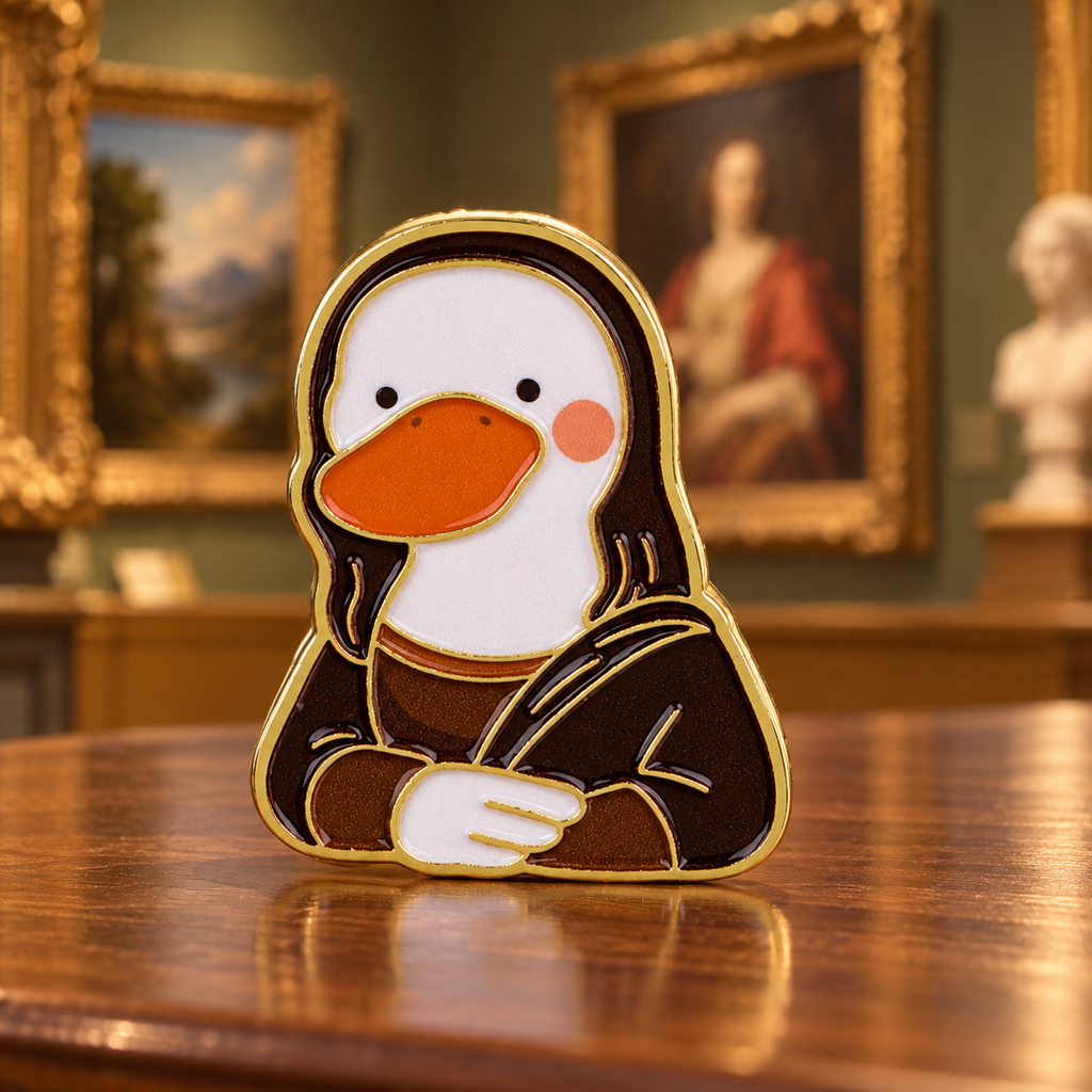 Mona Lisa duck enamel pin in a warm art gallery
