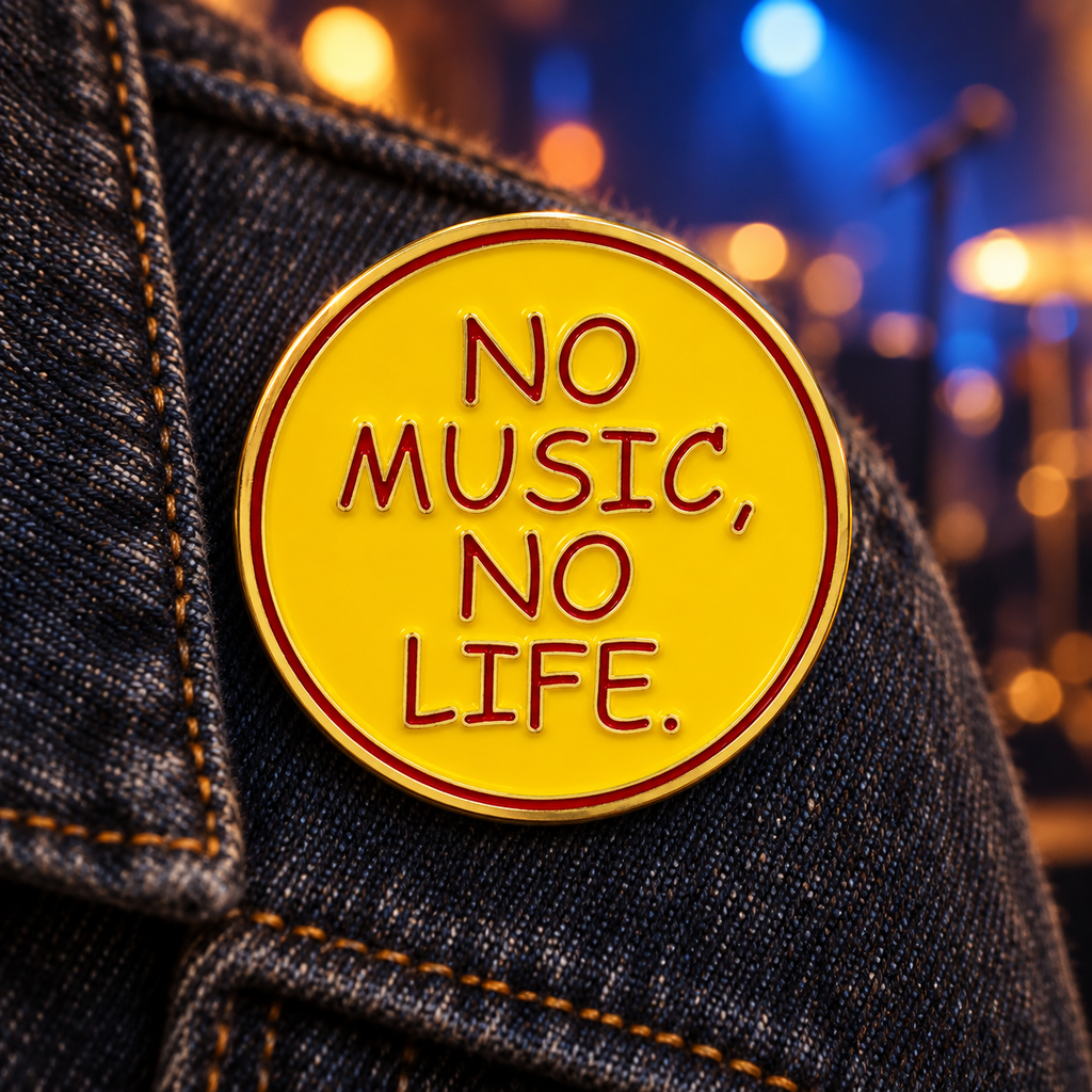 No Music No Life enamel pin on denim at a live music venue