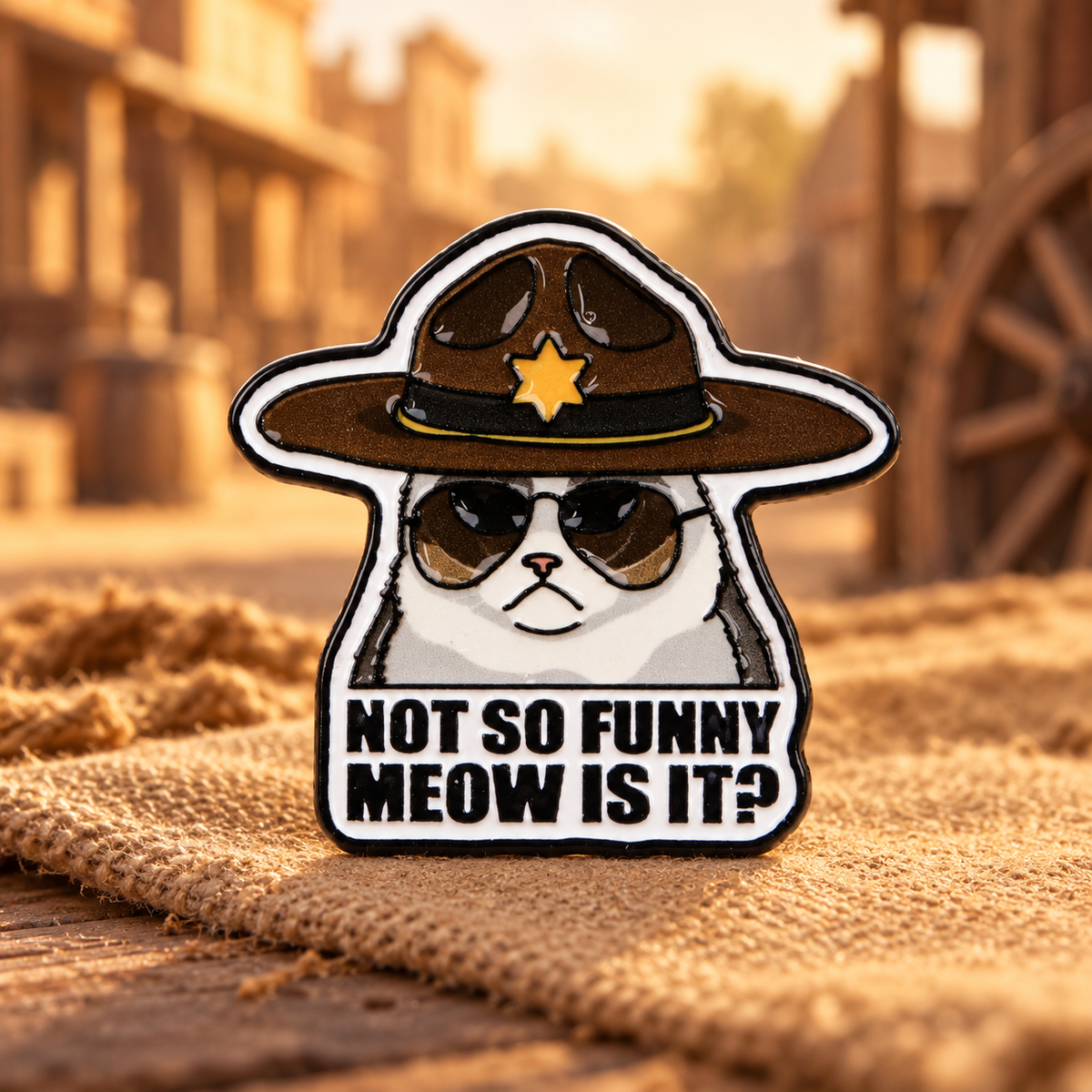 Not So Funny Meow Is It sheriff cat enamel pin in a warm western setting