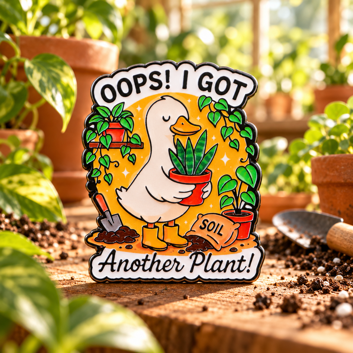 Oops I got another plant duck enamel pin in a sunlit greenhouse