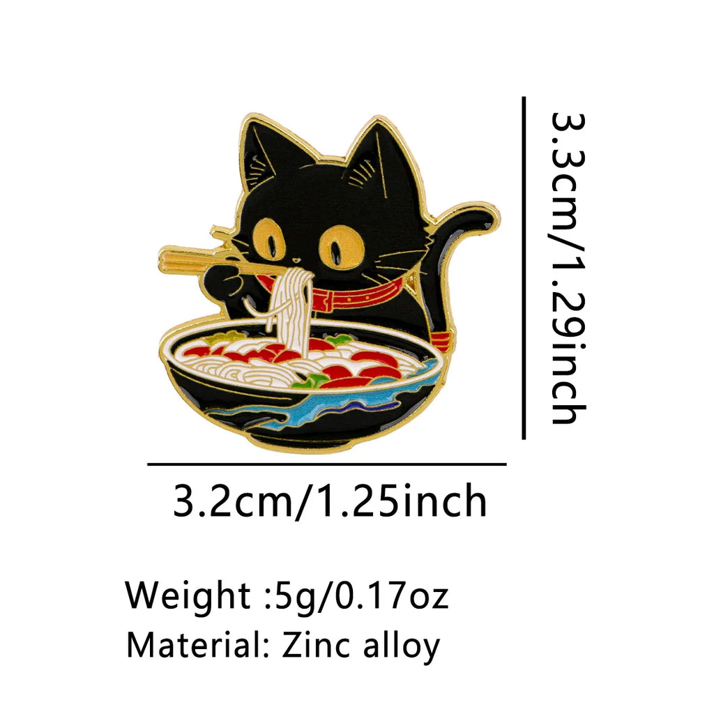 Japanese Black Cat Eating Noodles Pin