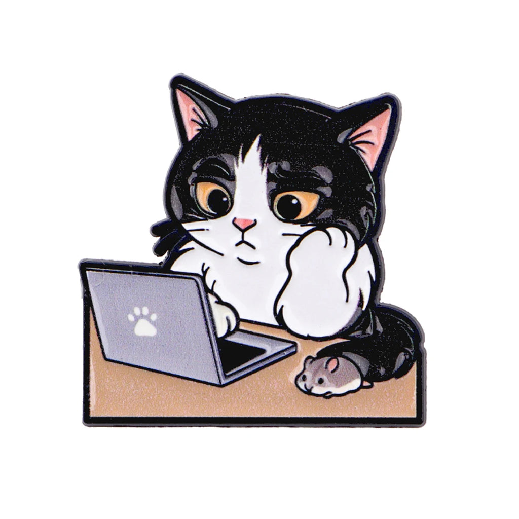 Black and White Cat at a Laptop Pin