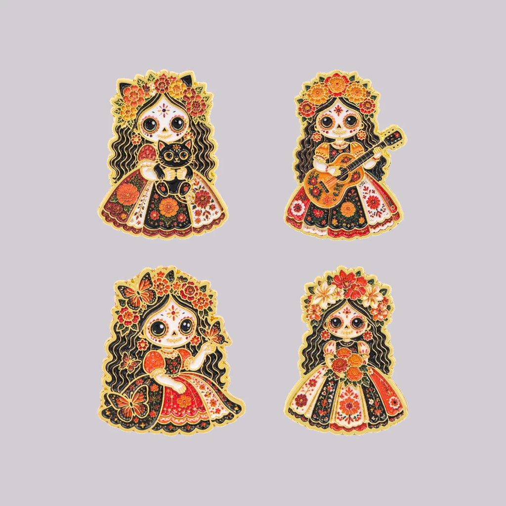 Floral Sugar Skull Girl Enamel Pin Mexican Skeleton Brooch Lapel Pins Badge on Backpack Fashion Jewelry Holiday Gifts