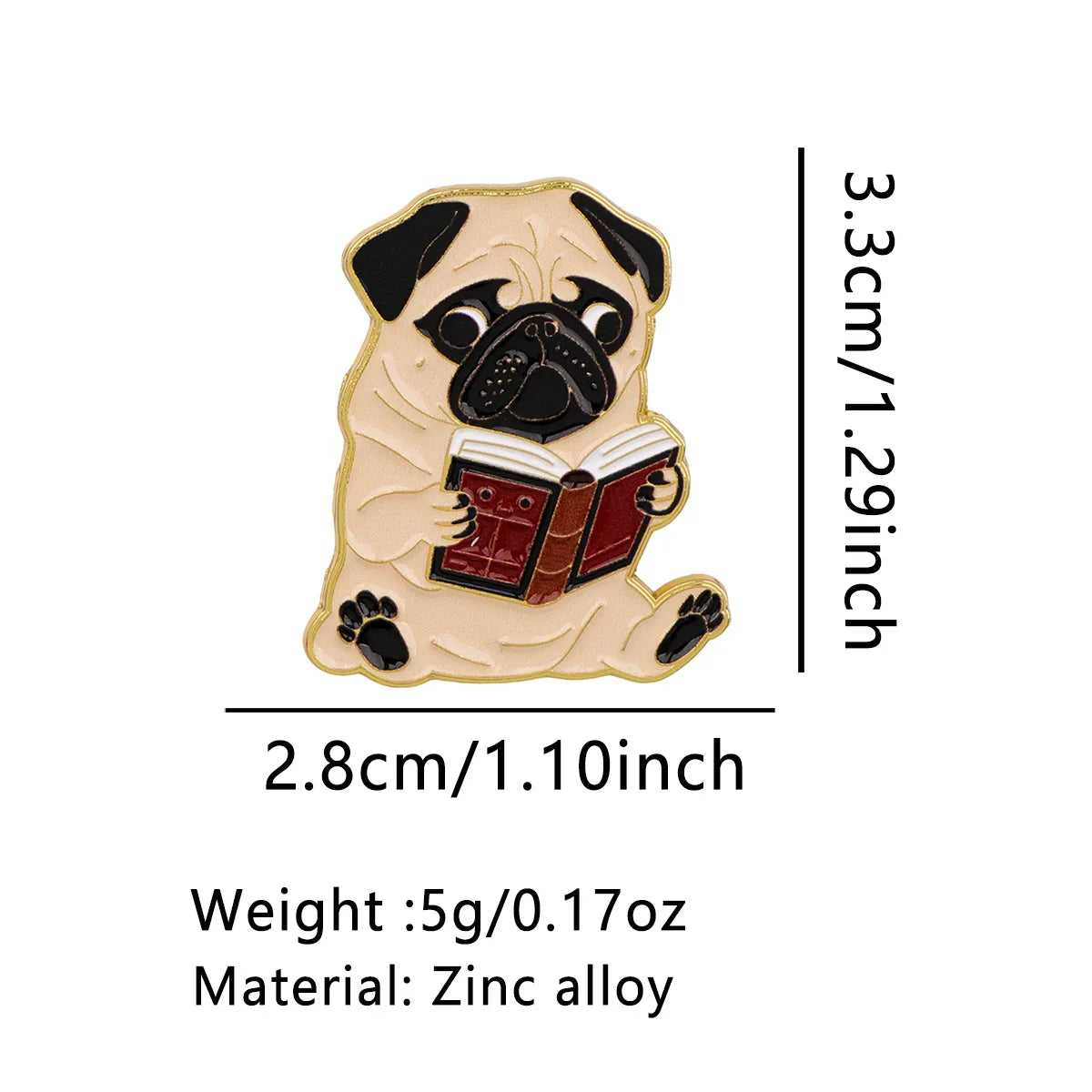Pug Dog Reading Book Pin